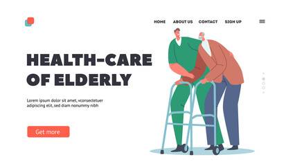 Health Care of Elderly Landing Page Template. Volunteer or Medic Help to Aged Man with Walking Frame at Nursing House