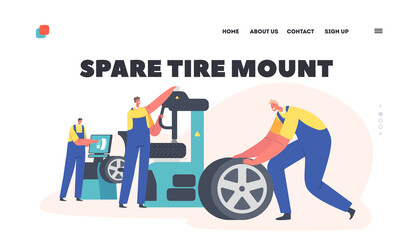 Spare Tire Mount Landing Page Template. Car Fixing Service Workers Change Automobile Tires at Garage, Mechanic Workshop