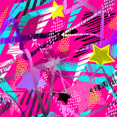 Abstract seamless chaotic pattern with urban geometric elements, scuffed, drops, stars and sprays. Grunge neon texture background. Wallpaper for teen girls. Fashion sport style © artlavi_design