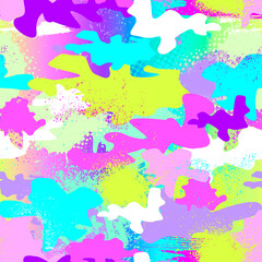 Grunge seamless pattern with abstract elements on neon background. Print for girl in military style.