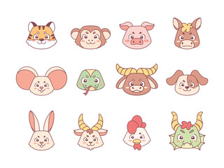Set of different cute animal avatars Chinese zodiac sign Vector illustration