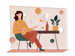 Woman drink wine. Young girl at home in comfort with glass of alcoholic drink. Rest after work, weekends and entertainment. Happy character sits quietly at home. Cartoon flat vector illustration