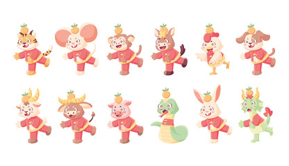 Set of different animal cartoons with traditional clothes Chinese zodiac sign Vector illustration