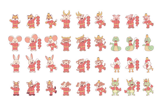 Set of different animal cartoons with traditional clothes Chinese zodiac sign Vector illustration