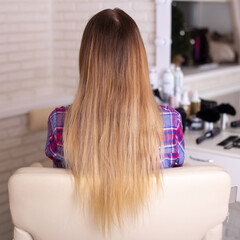 
Female back with long blonde damaged hair in hairdressing salon
