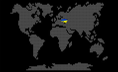 Vector. Information graphics. The world map is divided into six perforated continents, consisting of stars: North America, South America, Africa, Europe, Asia and Australia, Oceania. No inscriptions.