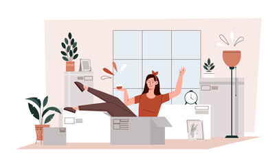 Concept of relocation. Young girl with wine in cardboard box. Rest in apartment, comfort and coziness. Hostess with things in new building, real estate purchase. Cartoon flat vector illustration