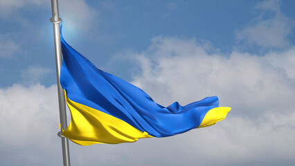 Ukrainian flag on mast waving in the wind on blue sky background. 3D render illustration.