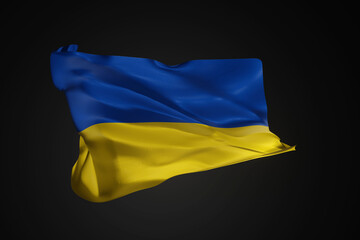 Ukrainian flag on mast waving in the wind on black background. 3D render illustration.