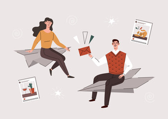 People on paper plane. Man and girl on paper planes, social networks and internet communication, digital world. Photos and sharing pictures, posts and likes. Cartoon flat vector illustration