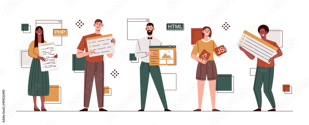 Poster mix race developers. collection of images with office workers. set of characters, team and fellow pr