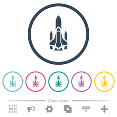 Space shuttle with launchers flat color icons in round outlines