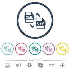 XML CSV file conversion flat color icons in round outlines