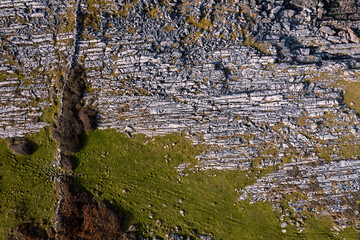 Rough stone terrain. Aerial top down view. Burren, Ireland. Nature scenery