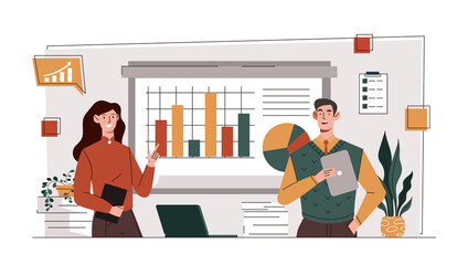 Naklejka na ściany i meble People making presentation. Man and girl with diagrams and graphs. Working with statistics, analytical department evaluates prospects of company, marketing research. Cartoon flat vector illustration