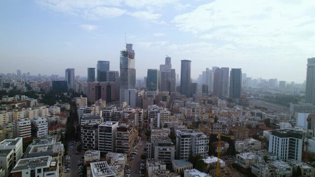 Tel Aviv, Ramat Gan skyscrapers skyline aerial shot, high-rise buildings