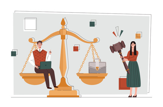 Law and justice. Man and woman next to scales, legislation. Lawyers team, modern copyright protection. Becoming legal advice, consultation. Symbol and metaphor. Cartoon flat vector illustration