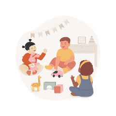 Interacting with other children isolated cartoon vector illustration. Social interaction of toddlers, children play together, emotional skills development, early childhood vector cartoon.