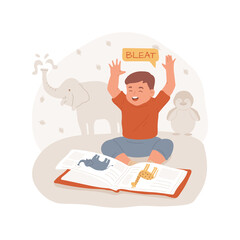 Learn about animals isolated cartoon vector illustration. Toddler reads a book with pictures, child imitates animal sound, learn through play, early education, kindergarten vector cartoon.