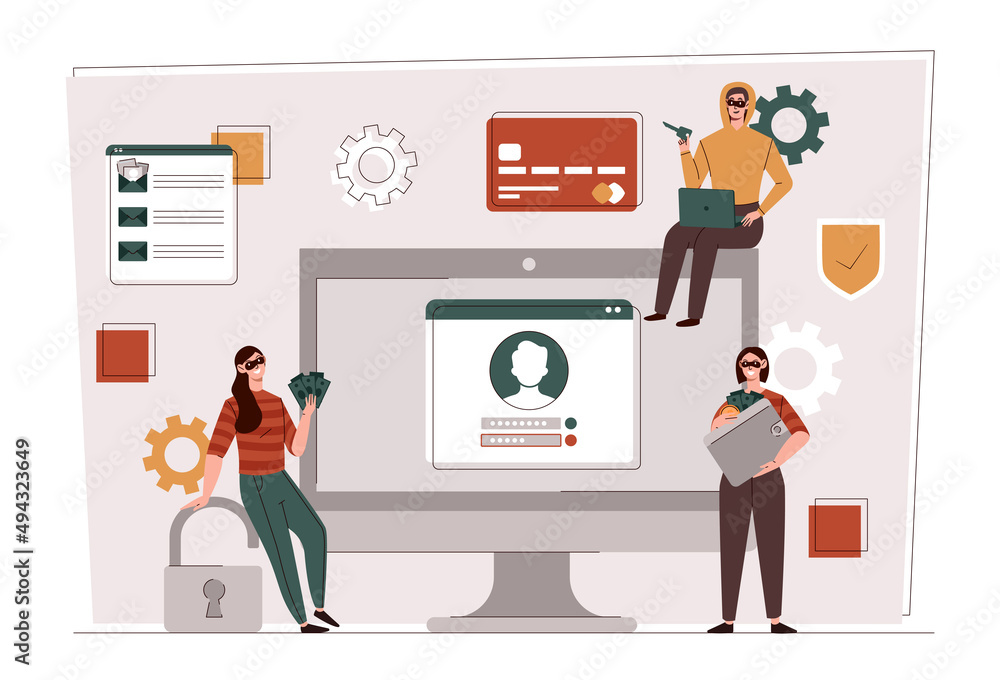 Poster hackers team concept. people in masks on background of computer, programmers with criminal intention