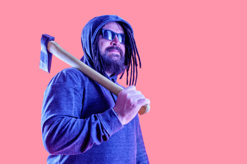 A dangerous man with a mohawk and dreadlocks covered with a hood. A middle-aged man with a beard...