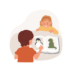 Turning pages of picture book isolated cartoon vector illustration. Child looking at pictures in book, learning and mental skills, toddler literacy development, early education vector cartoon.