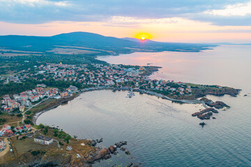 Sunset aerial view of Bulgarian seaside town Ahtopol.