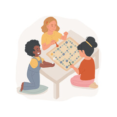 Playing board games isolated cartoon vector illustration. Children play tabletop puzzle and board game, enrichment activity, thinking skills development, before and after school vector cartoon.