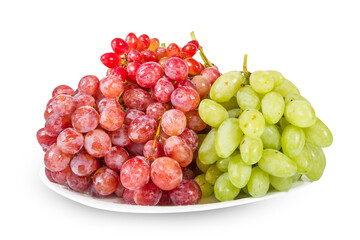 Plate of fresh red and sultana grapes isolated on white