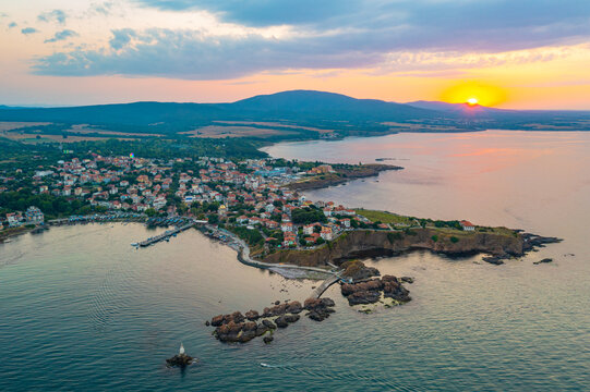 Sunset aerial view of Bulgarian seaside town Ahtopol.
