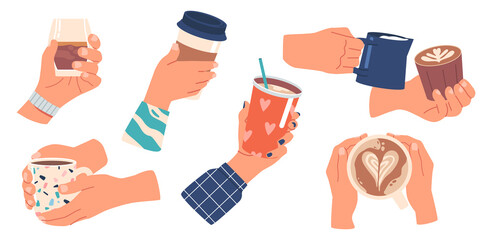Set of Human Hands Holding Mugs Isolated on White Background. Male and Female Palms with Different Cups with Drinks