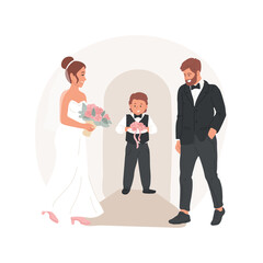 Ring bearer isolated cartoon vector illustration. Cute boy carry rings to bride and groom on little cushion, couple getting married, family life, wedding ceremony, celebration vector cartoon. - obrazy, fototapety, plakaty