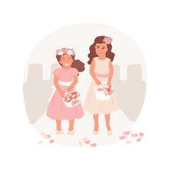 Flower girl isolated cartoon vector illustration. Little cute girls in dresses holding baskets with flowers, junior bridesmaid, getting married, wedding ceremony tradition vector cartoon.
