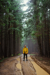 Male hiker on a hike stands on a mountain road in rainy weather against a foggy forest and looks up. vertical