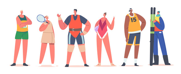 Athletes Male and Female Characters Stand in Row. Runner, Tennis or Basketball Player, Skier, Weightlifter Wear Uniform