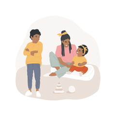 Childs jealousy isolated cartoon vector illustration. Jealousy for younger sibling, parents holding a newborn baby, resentful child stand aside with hands folded, looking away vector cartoon.