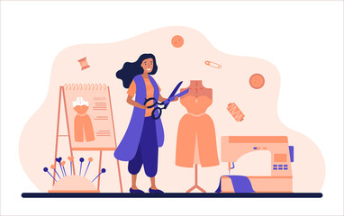Fashion designer concept. Girl with scissors near mannequin, woman designs dress. Atelier and tailoring. Needles and supplies for fashion, beauty and trends. Cartoon flat vector illustration