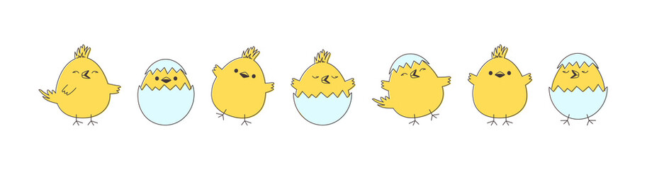 Chick Easter vector, cartoon chicken baby and egg, cute little bird, yellow funny animal set isolated on white background. Simple drawing illustration