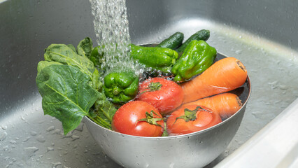 野菜の水洗い(ピーマン・ニンジン・トマト・キュウリ・ほうれん草)