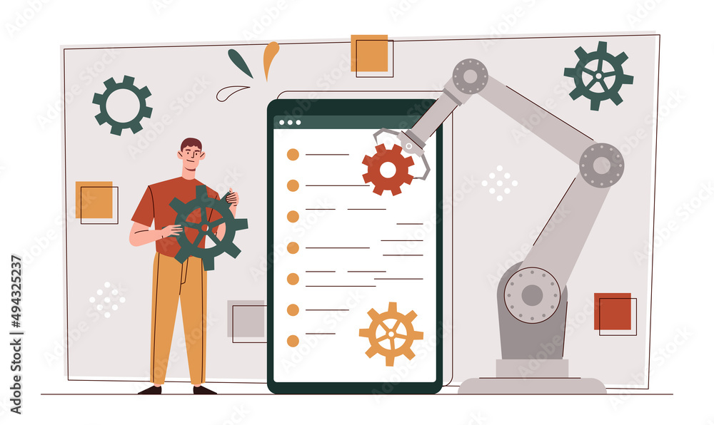 Wall mural digital era concept. man with gear in his hands on background of smartphone. metaphor of technical s