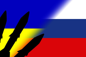 Ukraine. Russia. Nuclear weapons. Russia flag and Ukrainian flag with nuclear weapons symbol with missile silhouette. Illustration of the flag of Russia and Ukraine. Jerson. Stop the fire. 36 hours.