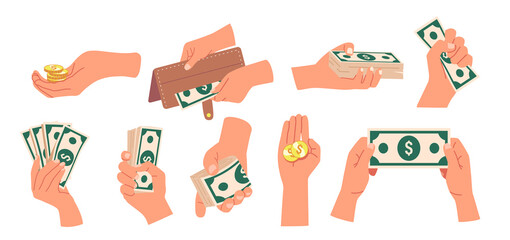 Set of Icons Human Hands with Coins and Dollar Bills. Palms Gesturing, Holding Pile of Coins, Wallet Isolated on White