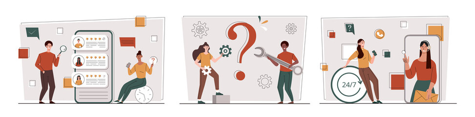 Customer support set. Collection of business scenes with feedback. Frequently asked questions, call center and chatting, assistant. Cartoon flat vector illustrations isolated on white background