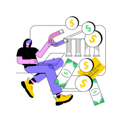 Financial crimes abstract concept vector illustration. Financial fraud, economic crime commission, money laundering, black market goods, tax evasion scandal, investment scam abstract metaphor.