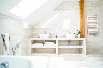 Modern bathroom interior. Interior design. Big new spacious trendy bath room.