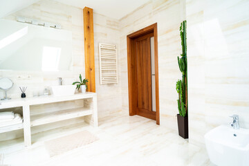 Modern bathroom interior. Interior design. Big new spacious trendy bath room.