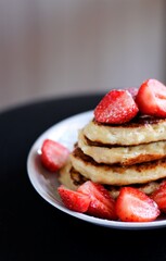 Closeup stack of pancakes with strawberry food sweet sugar breakfast pastry tasty baked nobody berry dessert berries plate table