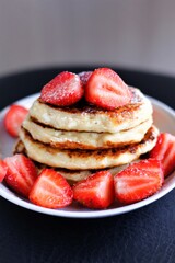 Closeup pancakes with strawberries food sweet dessert breakfast morning bakery tasty nobody plate