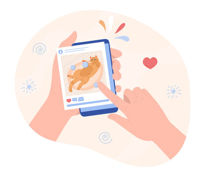 Cats in social media. Photos of pets, happy owner. Approval metaphor, likes and feedback, reviews. Putting likes and commenting posts, person use smartphone. Cartoon flat vector illustration