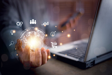 Businessman hand holding the virtual global. Internet connection concept with metaverse, global business and digital marketing internet connection application technology, digital link tech, big data.